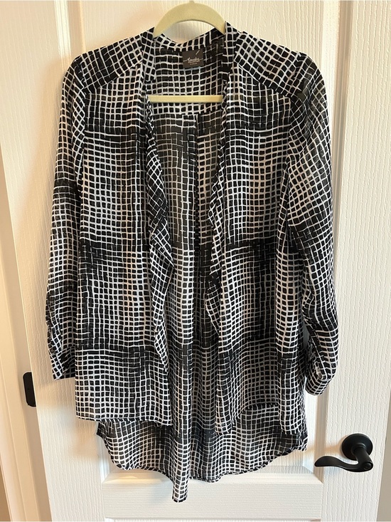 Travelers by Chico's Sweaters - Lightweight Open-Front Grid Print Cardigan - Black/White